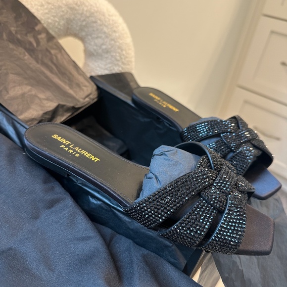 Saint Laurent Tribute Rhinestone Suede Sandal - Picture 9 of 11